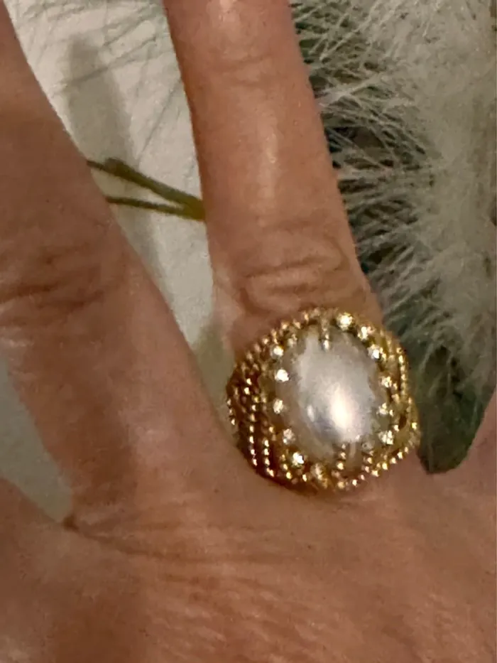 Bague réglable acier inoxydable or travaille pierre nacrée cristaux blancs habaha Paris - photo numéro 8