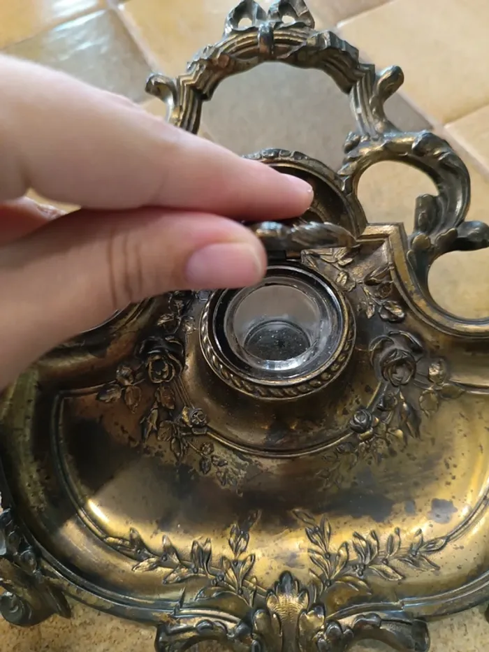 Encrier laiton bronze métal doré vintage ancien - photo numéro 2