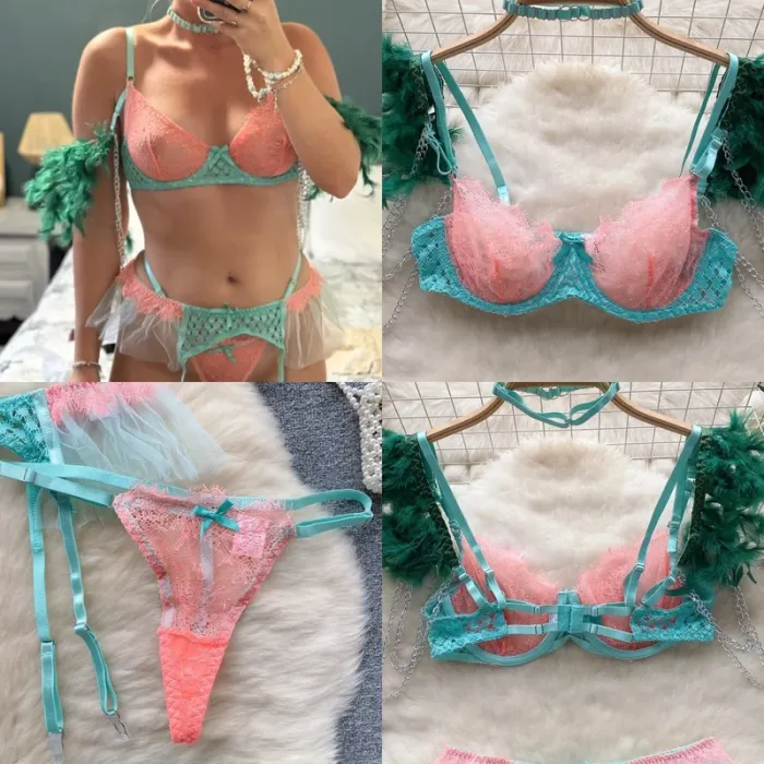 Ensemble lingerie dentelle turquoise & rose clair  – Neuf, Taille S - photo numéro 3