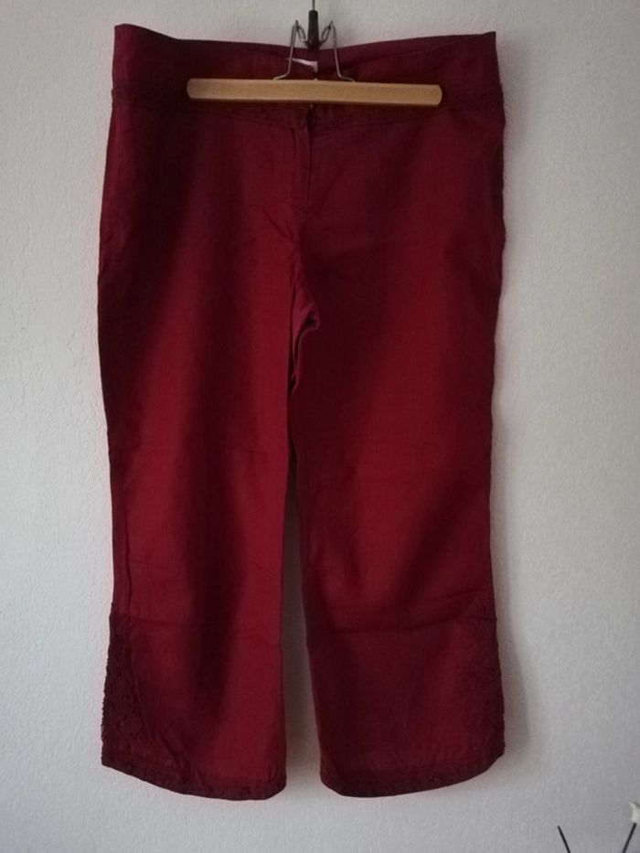 Pantacourt 7/8 en lin Promod rose foncé t. 42 - photo numéro 2