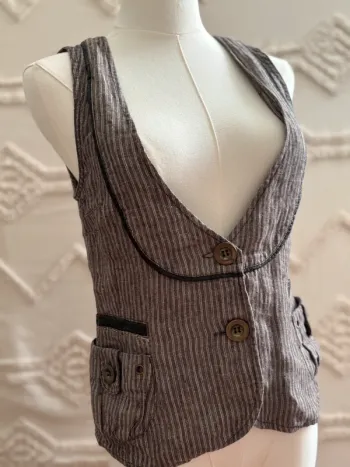 Gilet vintage rayé style utilitaire – vrai vintage – Taille 36 – Détails effet cuir, pièce rare !