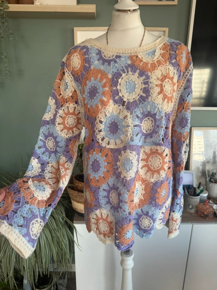 Pull en maille crochet transparent laine artificielle taille M/L orange lilas beige - photo numéro 2