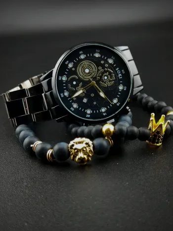 Montre noire métallique, duo bracelets perles