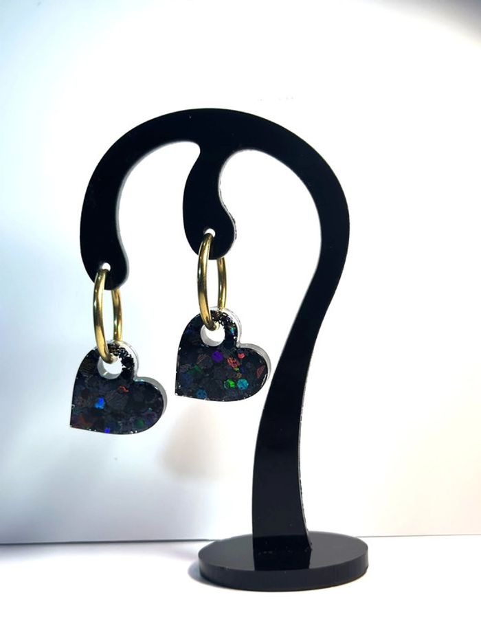 Boucles d’oreilles créoles cœur noirs - photo numéro 4