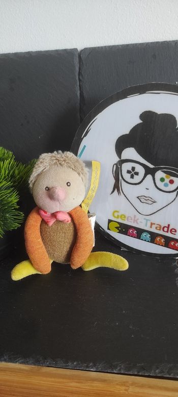 Doudou attache tétine Les tartempois luciole beige orange jaune ocre grelot Rose