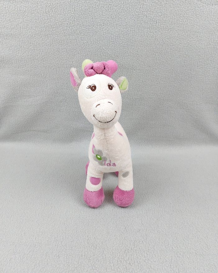 Doudou peluche girafe blanc écru rose lola Arthur et Lola Bébisol vert gris fleur