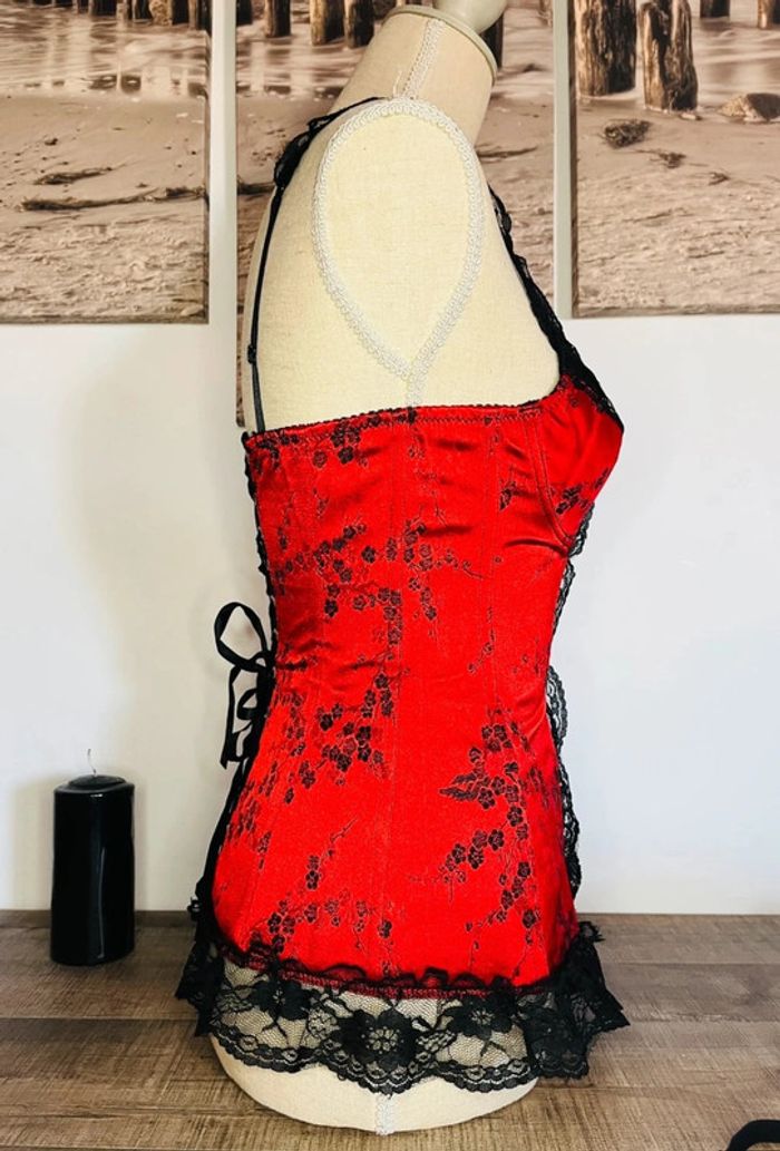 💕 corset bustier rouge avec fleurs et dentelle noire taille 36 s - photo numéro 3