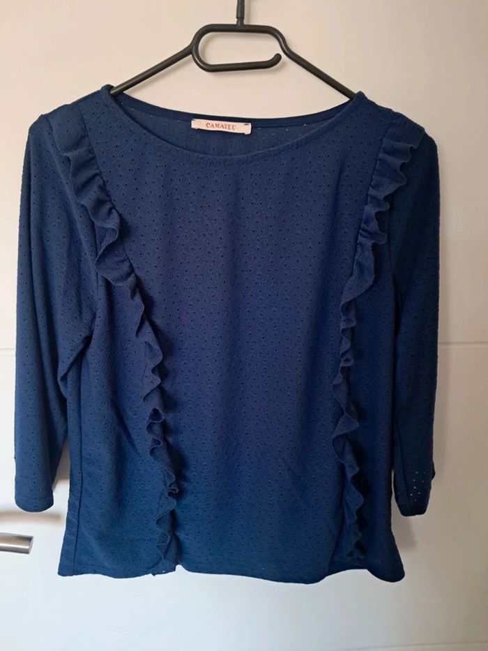 Blouse ajourée bleue à manches 3/4 taille 38 - photo numéro 3
