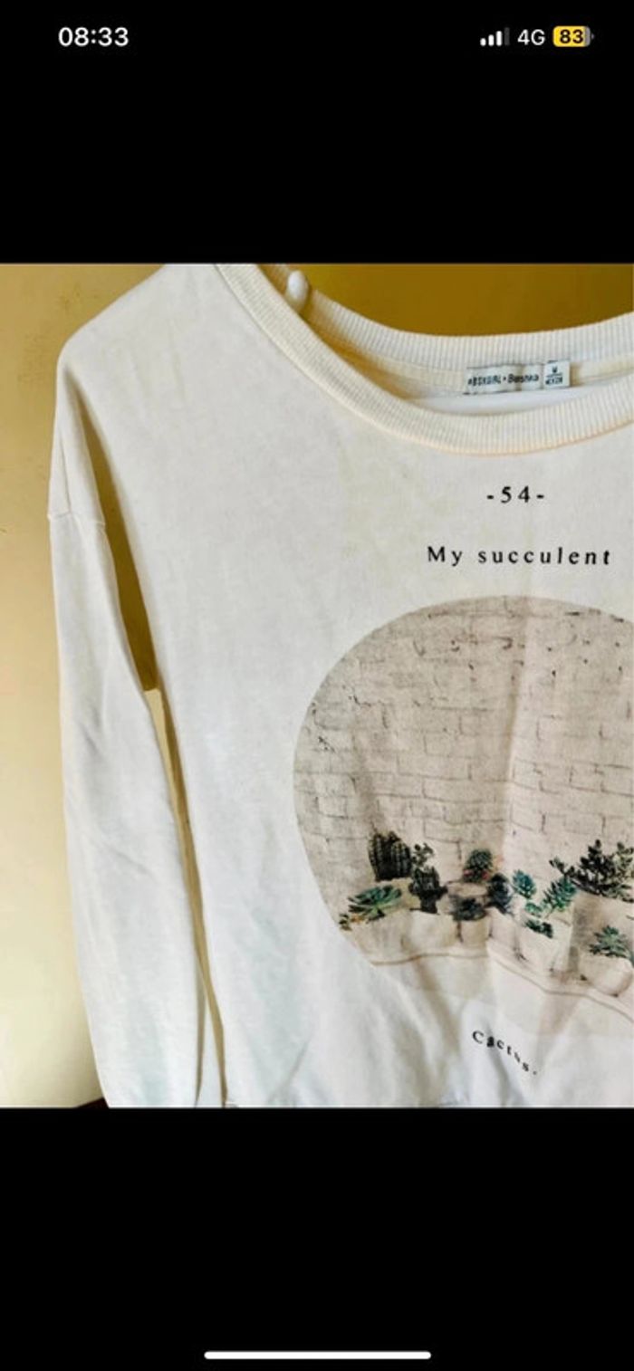 Sublime pull bershka taille M en coton blanc motif cactus - photo numéro 3