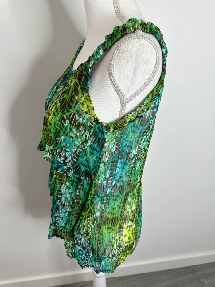 Blouse bariolée à volants verte et bleue Patrice Bréal T40 L - photo numéro 4