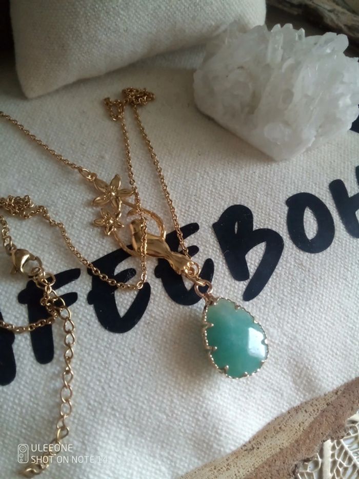 Collier oiseau et pendentif en pierre d'amazonite - photo numéro 2