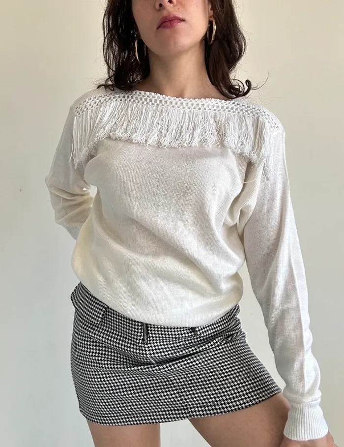 Pull blanc vintage années 80 à franges taille M - photo numéro 2