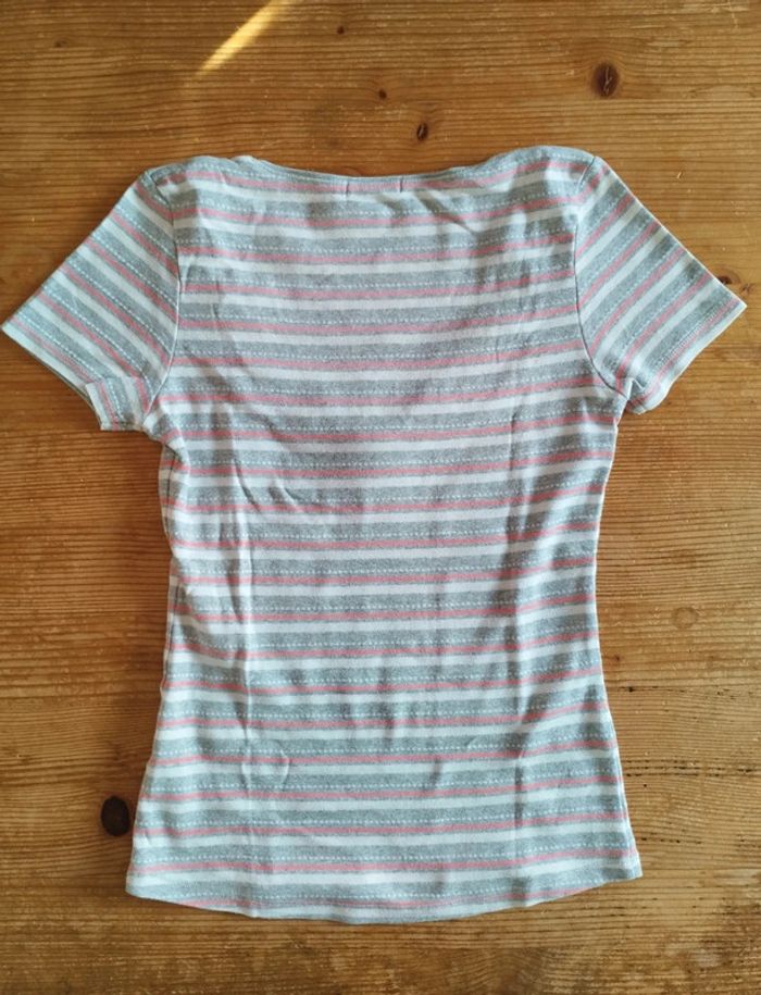 Tee-shirt femme rayé gris blanc rose – Taille S – Très bon état - photo numéro 5