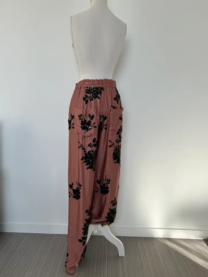 Pantalon Zara rose noir M large droit long pantaloni pantalones Vloeiende palazzo Calças femme - photo numéro 5
