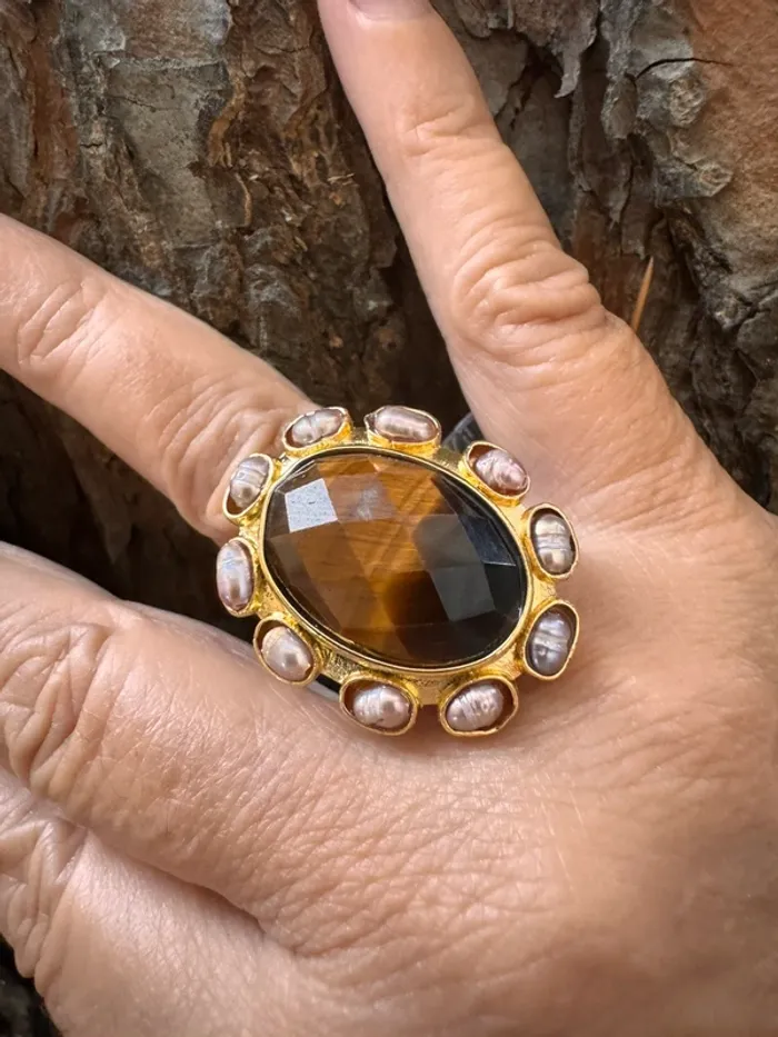 bague habaha Paris  véritable œil de tigre et pierres d’eaux douces acier inoxydable or réglable - photo numéro 3
