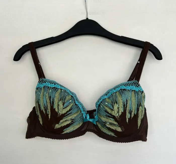 🔹 Ensemble lingerie jungle chic – Marron & broderies vert/bleu – Charlott’ 90C🔹