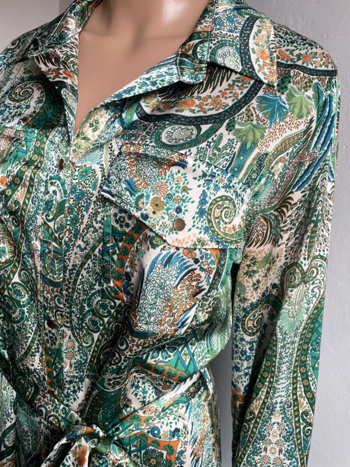 💚 Robe Chemise Longue Imprimé Paisley Vert & Blanc - Taille Unique, Excellent État 💚 - photo numéro 10