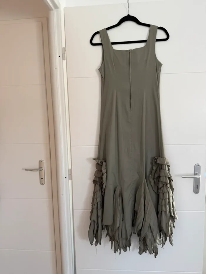 Robe longue kaki femme bretelles été volant L33 coton zip midi woman donna mujer S M - photo numéro 2