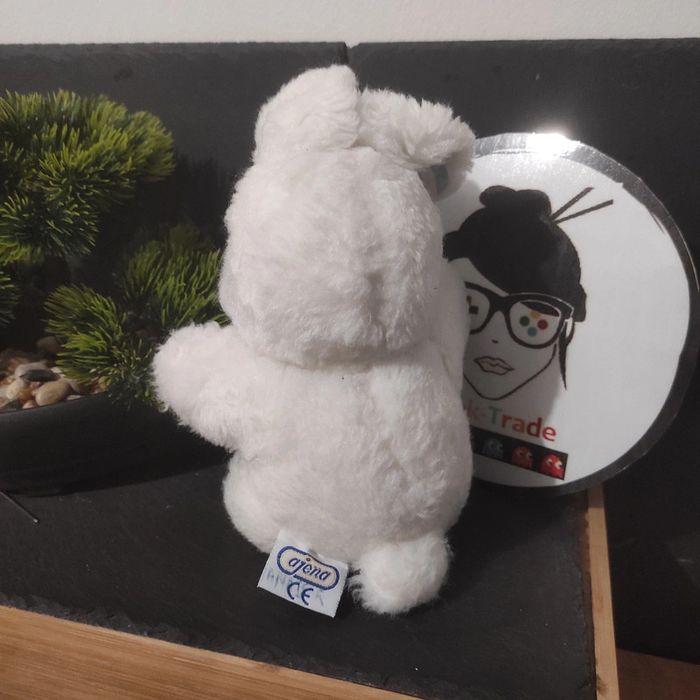 petit lapin peluche blanc bleu rayé rayure nez rose ajena Ancien Vintage - photo numéro 2