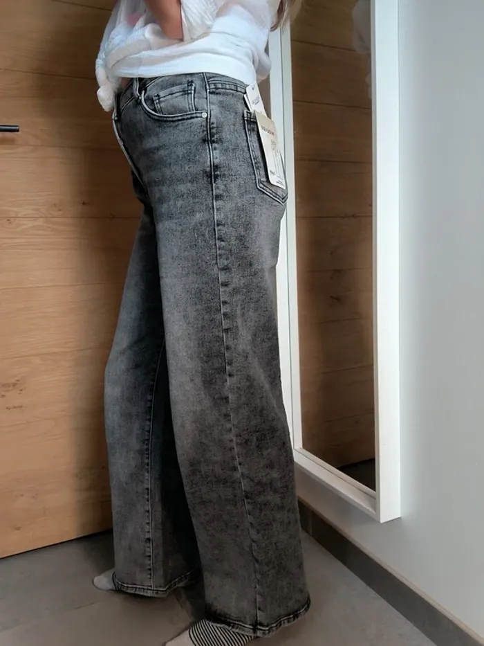 Jeans taille haute wide leg gris 38 68% coton