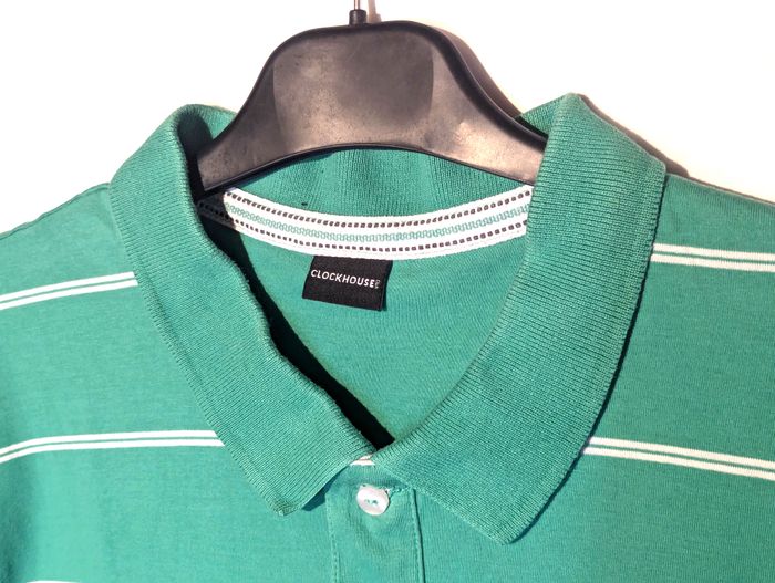 Polo Clockhouse Vert Double Rayures Horizontales Blanches Vêtement Tendance Mode Hommes - photo numéro 2