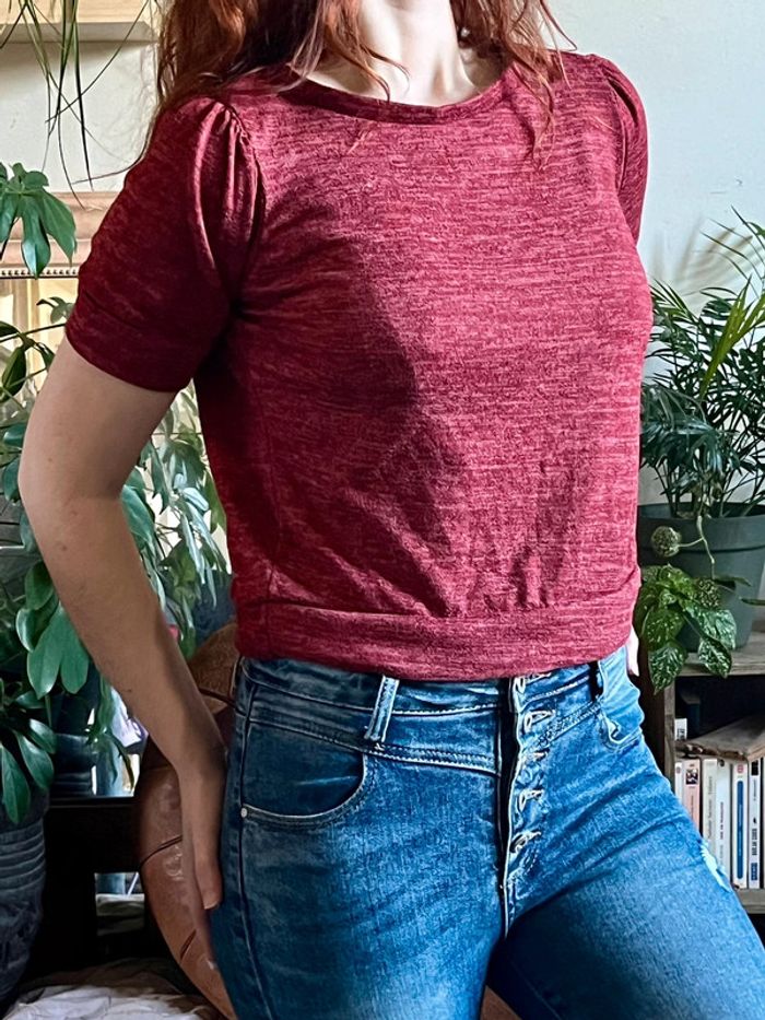 T-shirt crop top épais avec effet épaulettes - rouge foncé - photo numéro 3