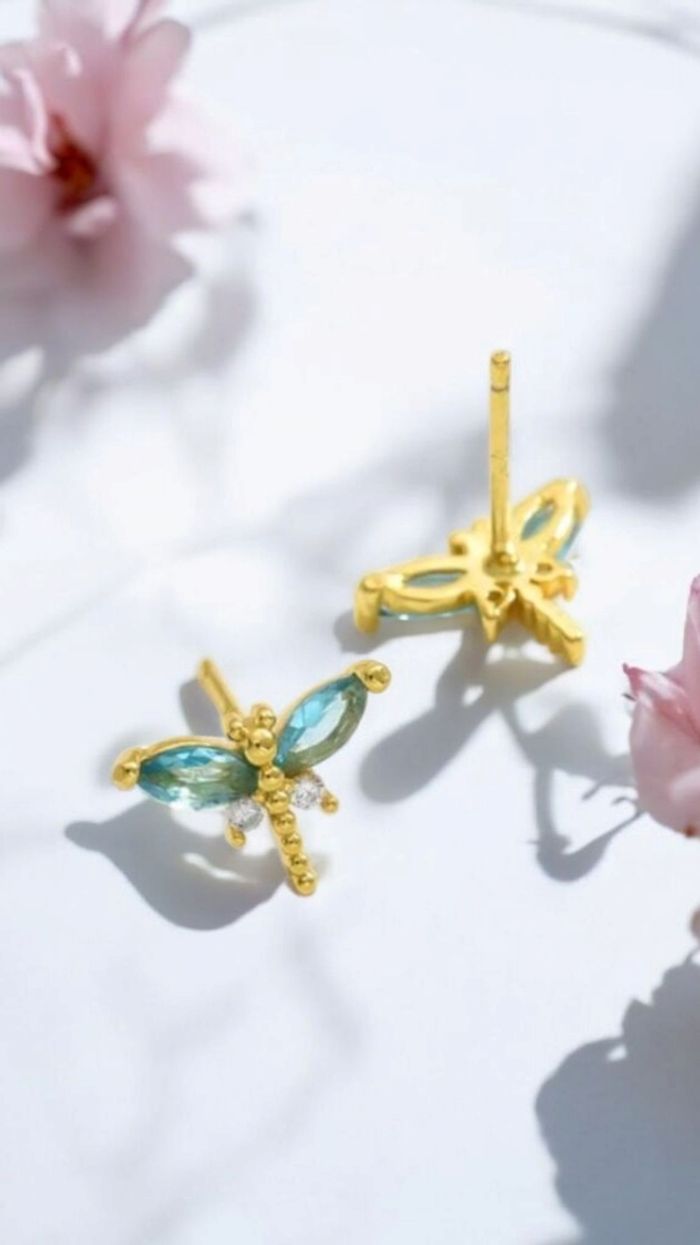 Boucles d oreilles oxyde de zirconium bleu en acier inoxydable doré - photo numéro 3