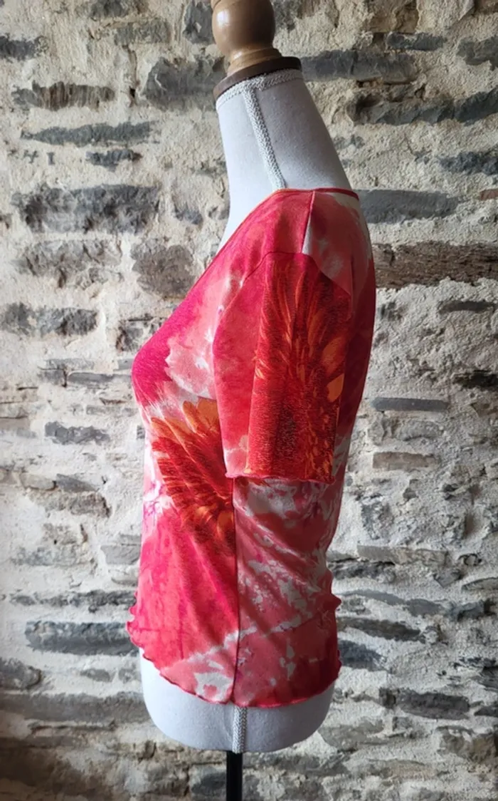 Tshirt manches courtes orange corail à fleurs Taille 34 36 - photo numéro 3