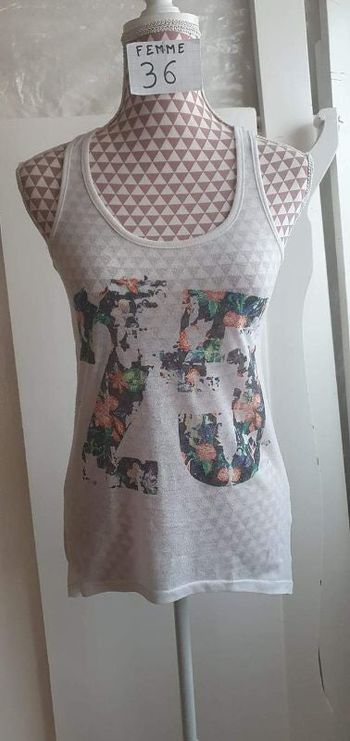 Débardeur, transparent, blanc à motif, polyester, en très bon état ,marque Kiabi =4€