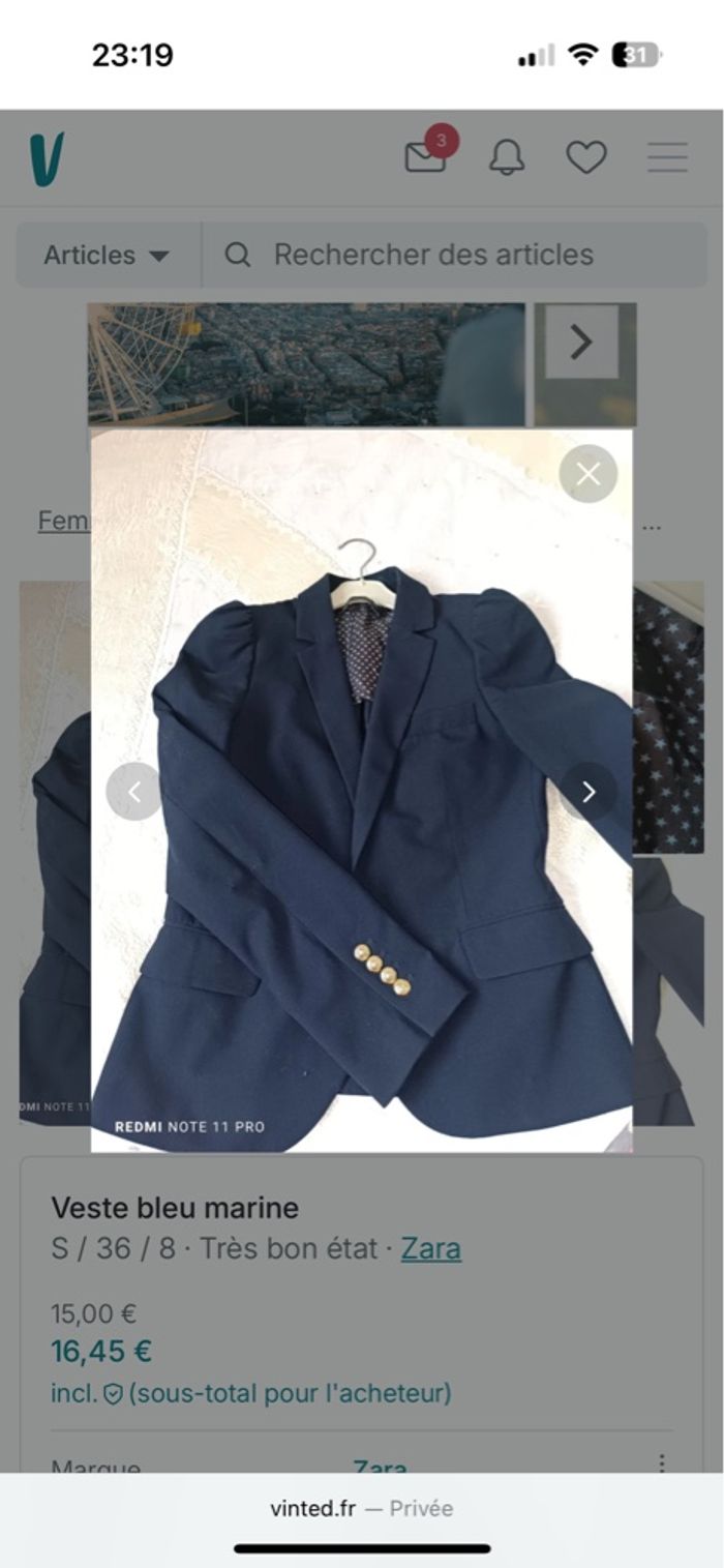 Veste zara bleu marine taille s - photo numéro 3