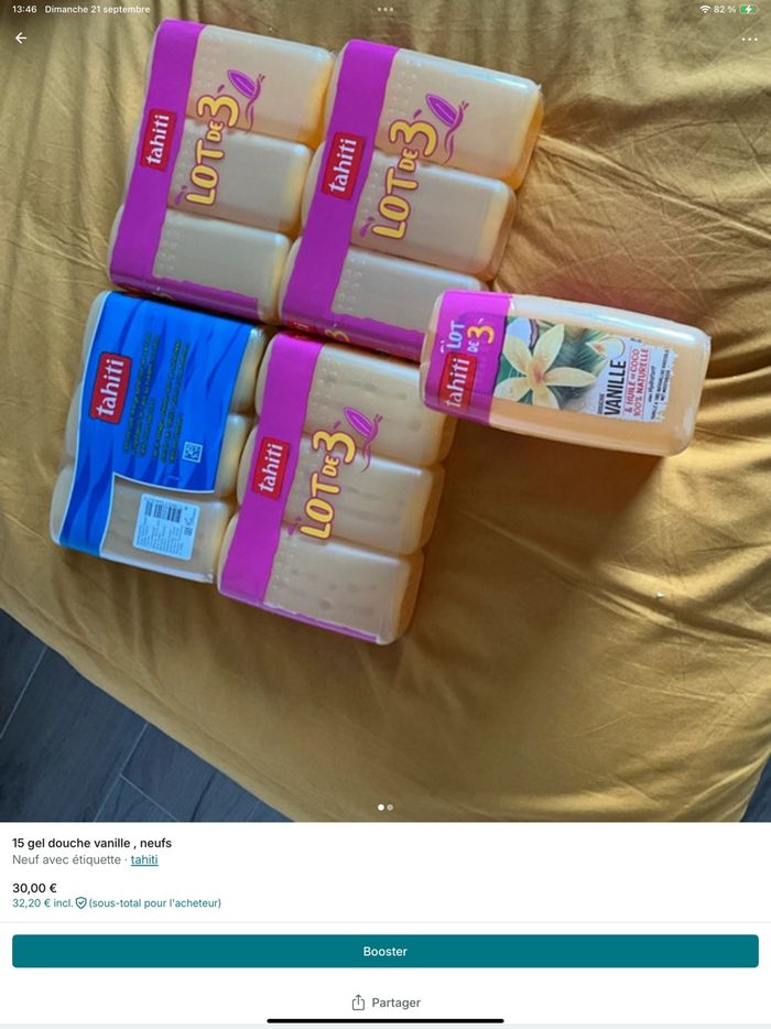 15 gels douche Tahiti, vanille, remise avec code