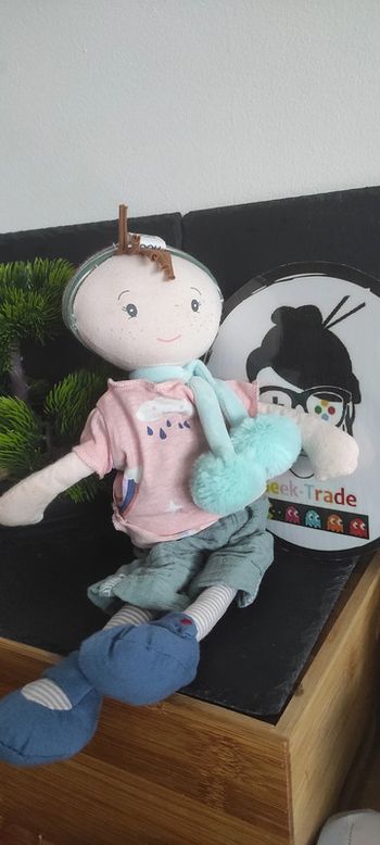 doudou peluche poupée hema garcon les canailles tim bonnet echarpe bleu rose rayé rayure nuage pluie