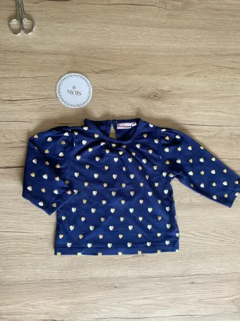 Sous pull manche longue bleu marine imprimé coeur bébé fille 6 mois Pommette