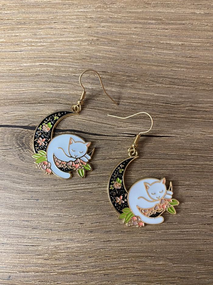 Boucles d’oreille chat lunaire rétro love - photo numéro 3