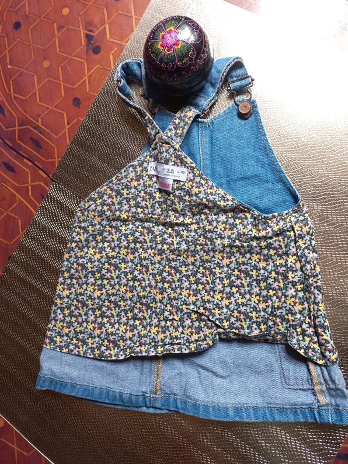 Robe salopette type jean doublé fleurs 12 mois - photo numéro 2