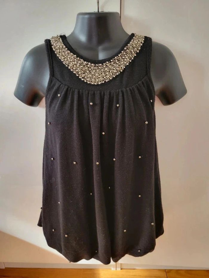 Débardeur Pull noir femme tunique collier perles Or S fête Noel