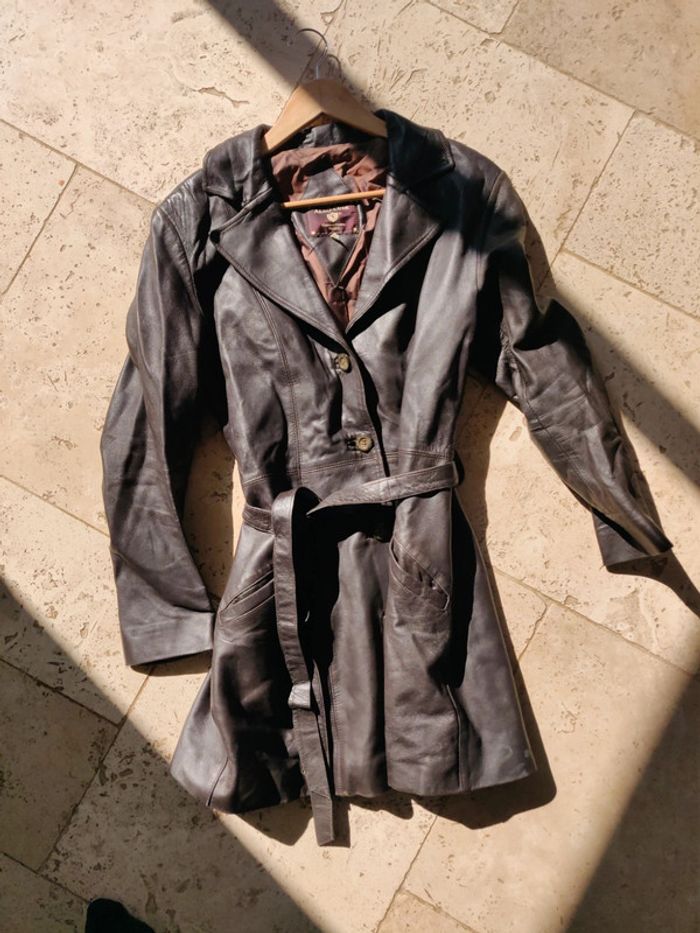 Blouson long en cuir ceinturé Also cuir vintage femme taille 38