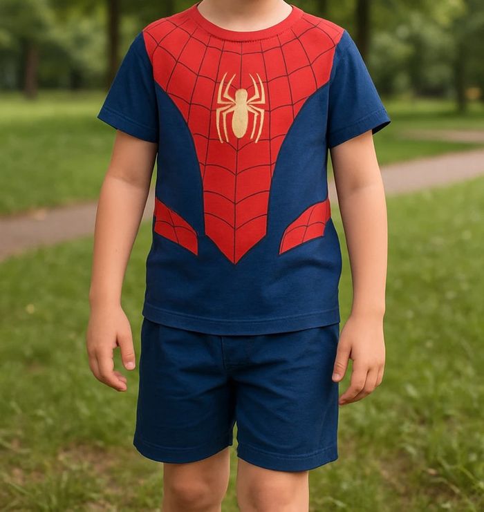 Ensemble maillot manches courtes et short spiderman bleu et rouge