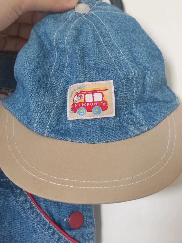 Ensemble salopette short jean bleu beige rouge + casquette pompier / Tom & Kiddy - 12 mois - photo numéro 9