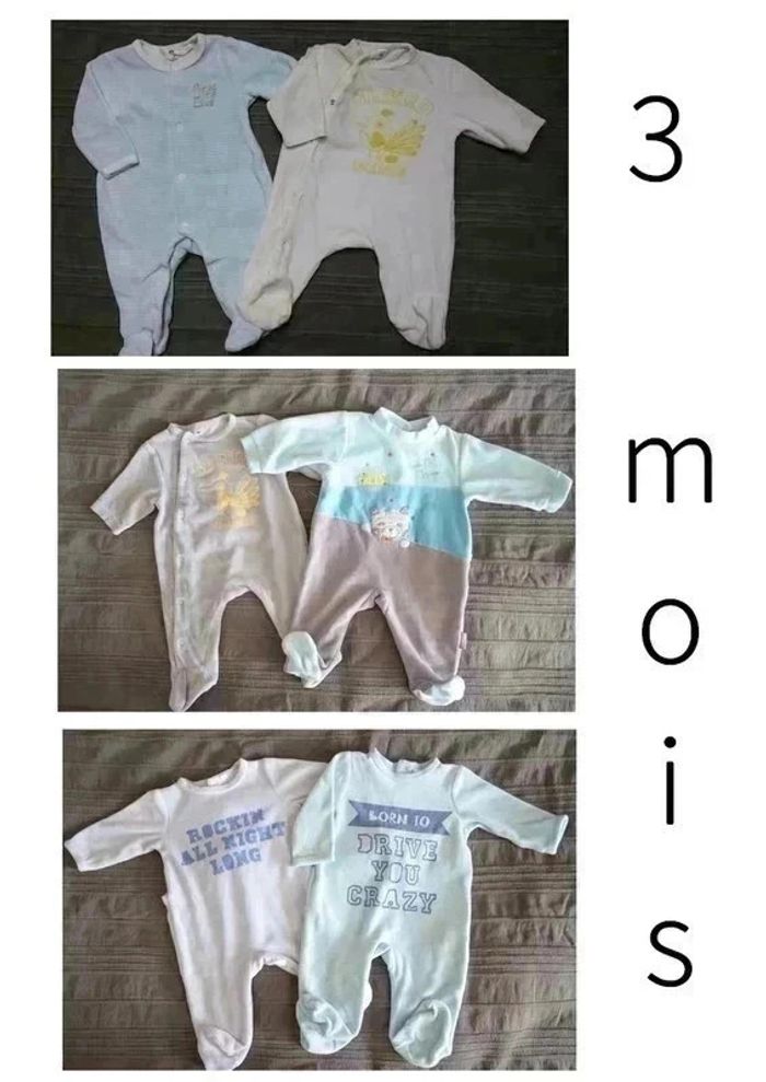 Lot de 6 pyjamas velours taille 3 mois bébé garçon (Dont 1 OFFERT) bleu, turquoise, gris, jaune