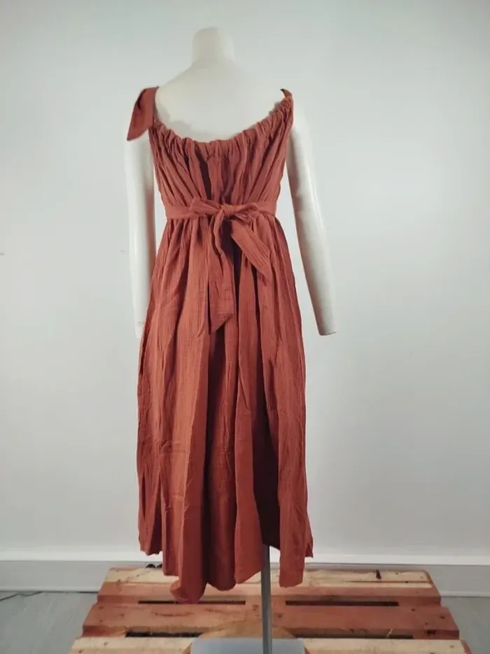 Robe longue rouille Quintessence en coton, effet gaufré, nouée à l'épaule, style bohème A1564 - photo numéro 8