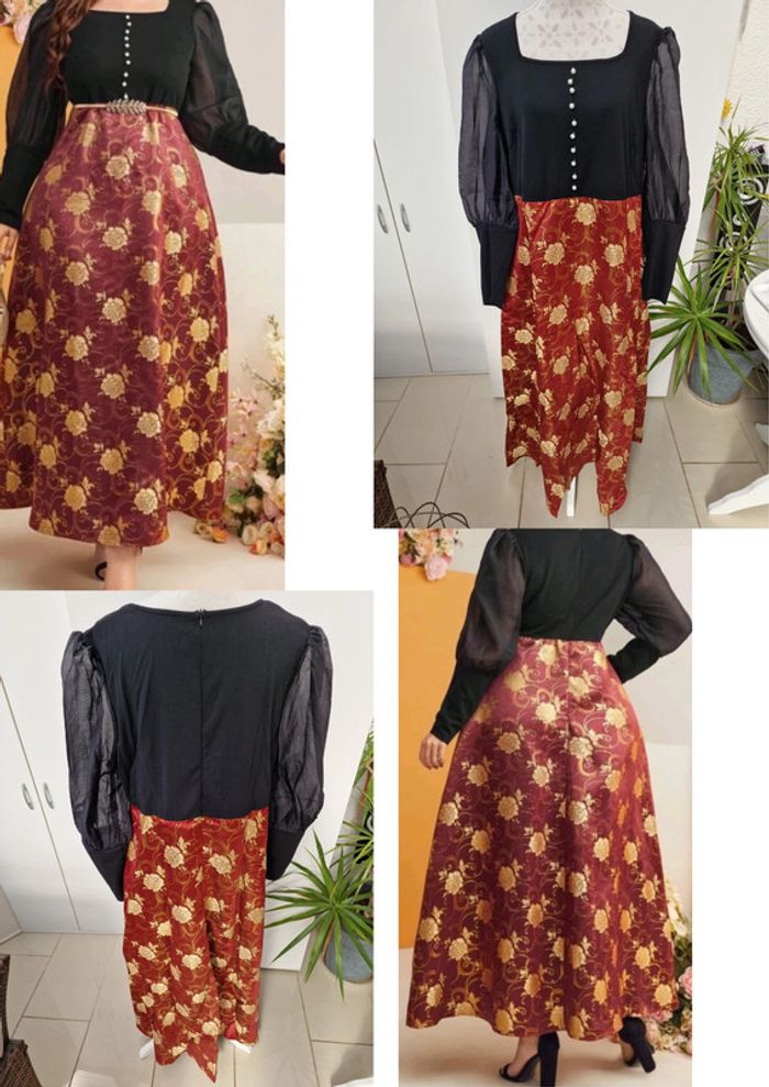 Robe Chic Elegante Noire Rouge Fleurs Dorées Perles Manches Transparentes