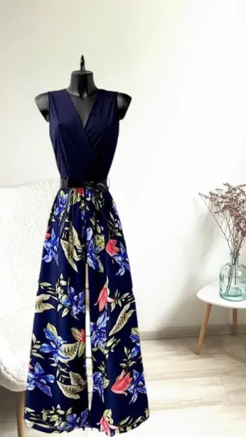 Combi pantalon bleu à fleurs