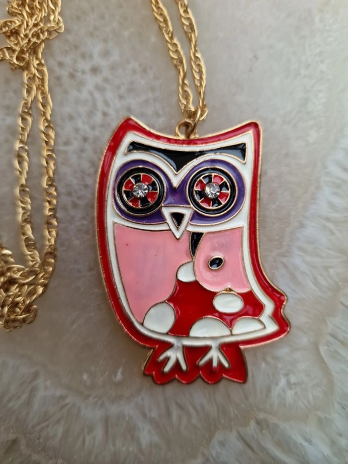 Collier Sautoir Doré Chouette Multicolore Strass - photo numéro 5