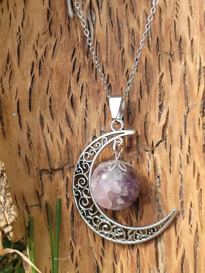 Collier lune Amour et Sagesse en Amethyste et Quartz rose fait main en acier inoxydable - photo numéro 2