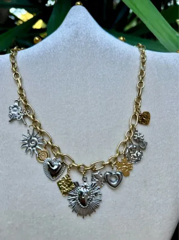 Collier mailles 2 tons or argent acier inoxydable breloques cœur ex voto noeuds médailles ..