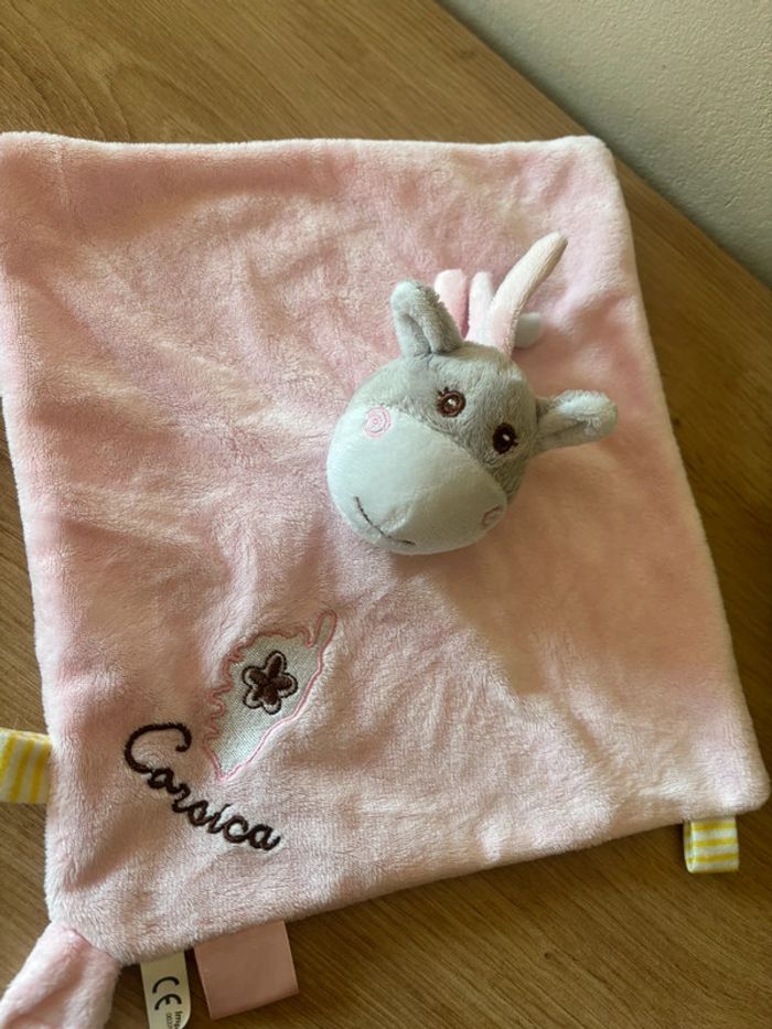 Doudou plat âne vache cheval rose attache sucette corsica textisun - photo numéro 3