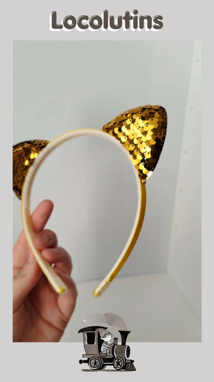 🚂 Serre-tête chat - doré à sequins - photo numéro 4