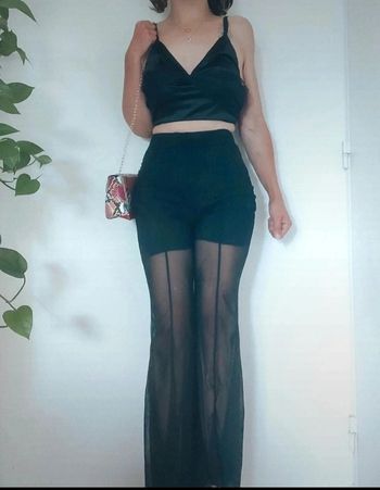 Pantalon noir taille haute jambes larges semi-transparent short intégré techno rave original