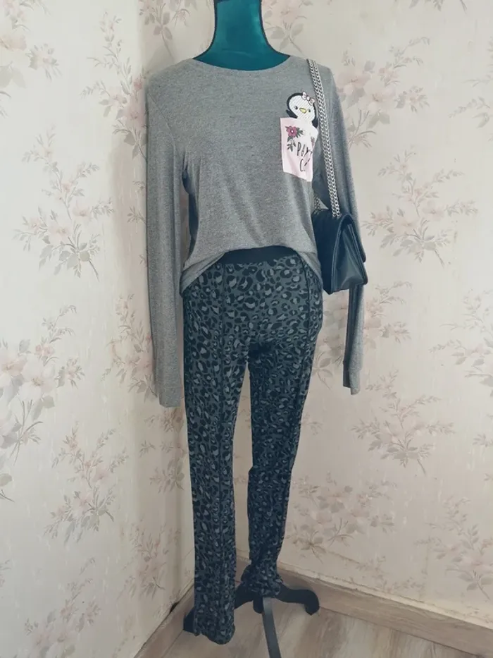 Legging gris à motifs léopard noir avec liseré simili cuir / esmara / (S)